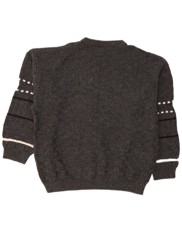 Vintage herre rund hals sweater 2XL grå stribet uld