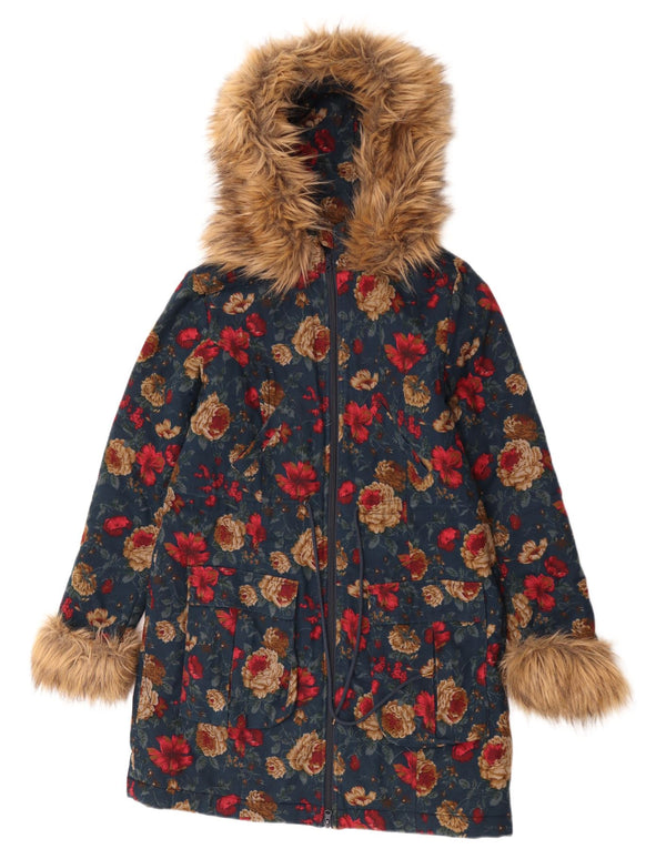 Joe Browns Dame Hooded Parka Jacket UK 10 Small Blue Floral Cotton