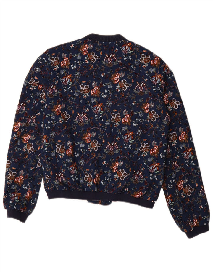 Zara Dame Trafaluc Bomber Jacket UK 10 Small Navy Blue Floral Polyester