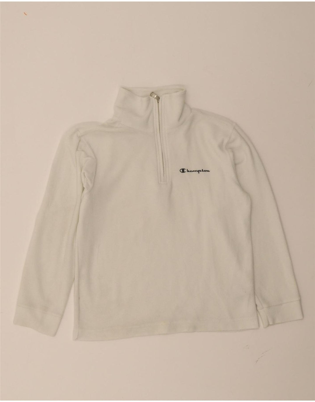 CHAMPION Boys Zip Neck Fleece Jumper 9-10 Years Medium White Polyester Vintage Champion and Second-Hand Champion from Messina Hembry 