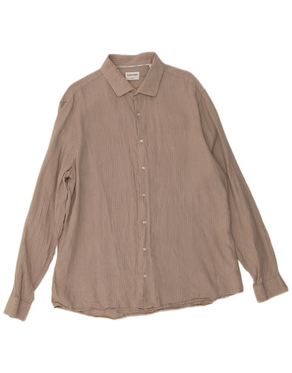 Calvin Klein Herre Slim Fit Skjorte Størrelse 44 XL Beige Stribet hør