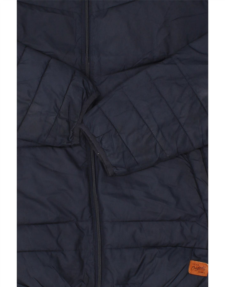 JACK & JONES Mens Hooded Padded Jacket UK 38 Medium Navy Blue Polyester Vintage Jack & Jones and Second-Hand Jack & Jones from Messina Hembry 