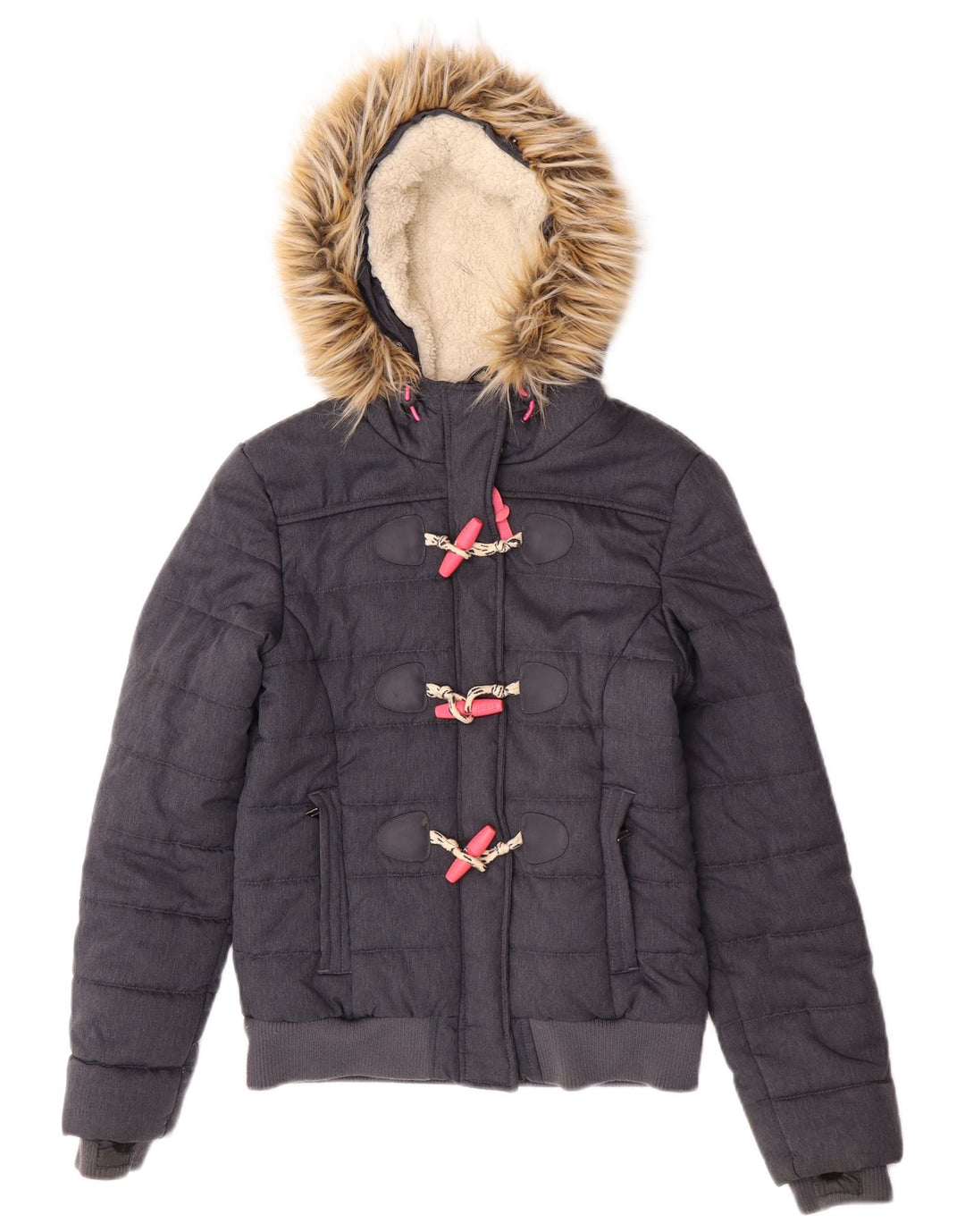 Superdry Bomber Polstret jakke med hætte til kvinder UK 8 lille grå polyester