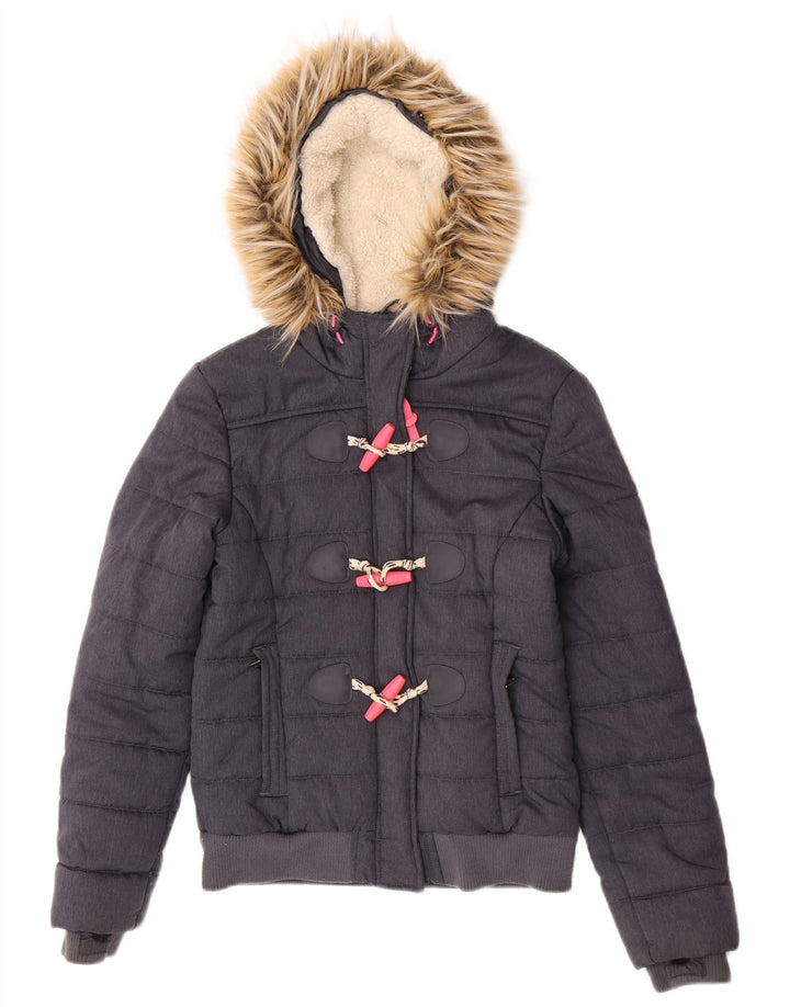 Superdry Bomber Polstret jakke med hætte til kvinder UK 8 lille grå polyester