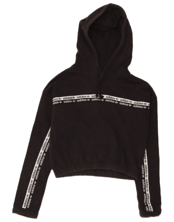 Adidas Womens Crop Graphic Hoodie Jumper UK 14 Large Black Bomuld