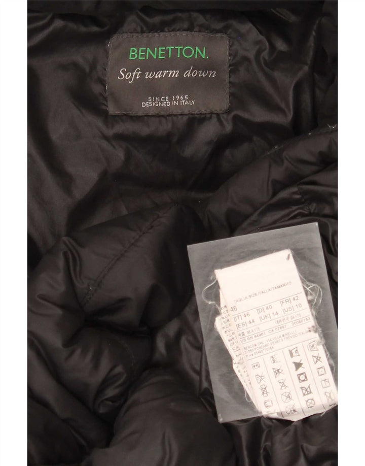 Benetton Dame Hætte Polstret Frakke UK 14 Medium Sort Polyamid