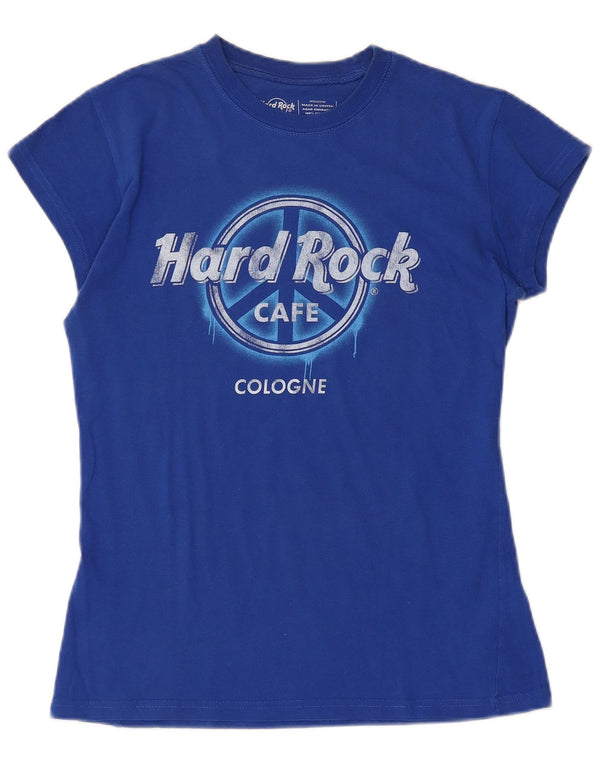 Hard Rock Cafe Dame Köln Grafisk T-Shirt Top UK 12 Medium Blue Cotton