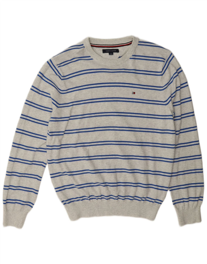 Tommy Hilfiger Herre Crew Neck Jumper Sweater Medium Grå Stribet Bomuld