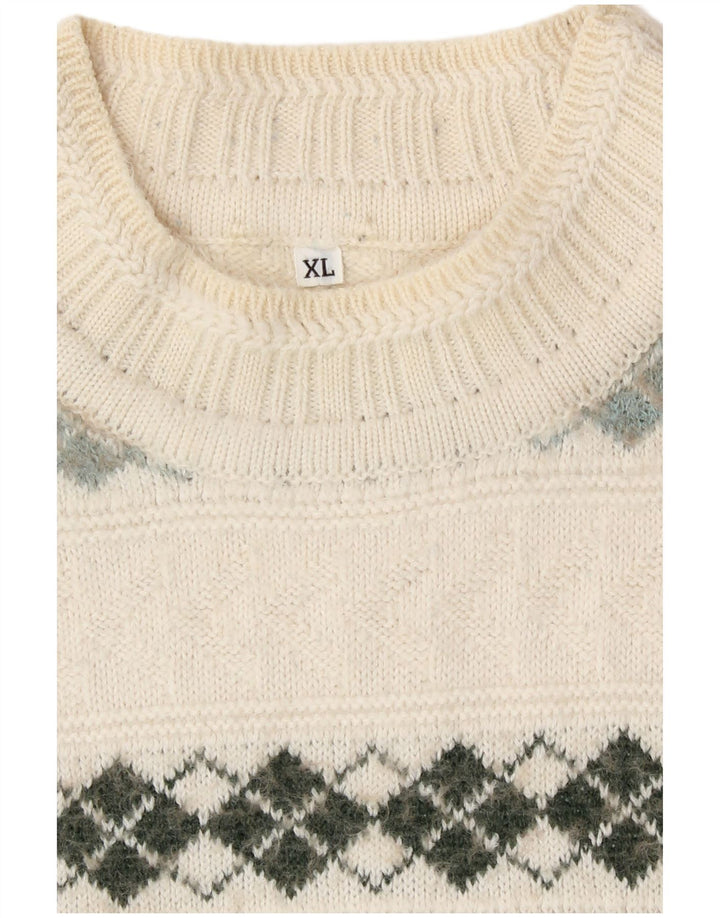 Vintage Herre Turtle Neck Jumper Sweater XL Off White Argyle/Diamond Retro