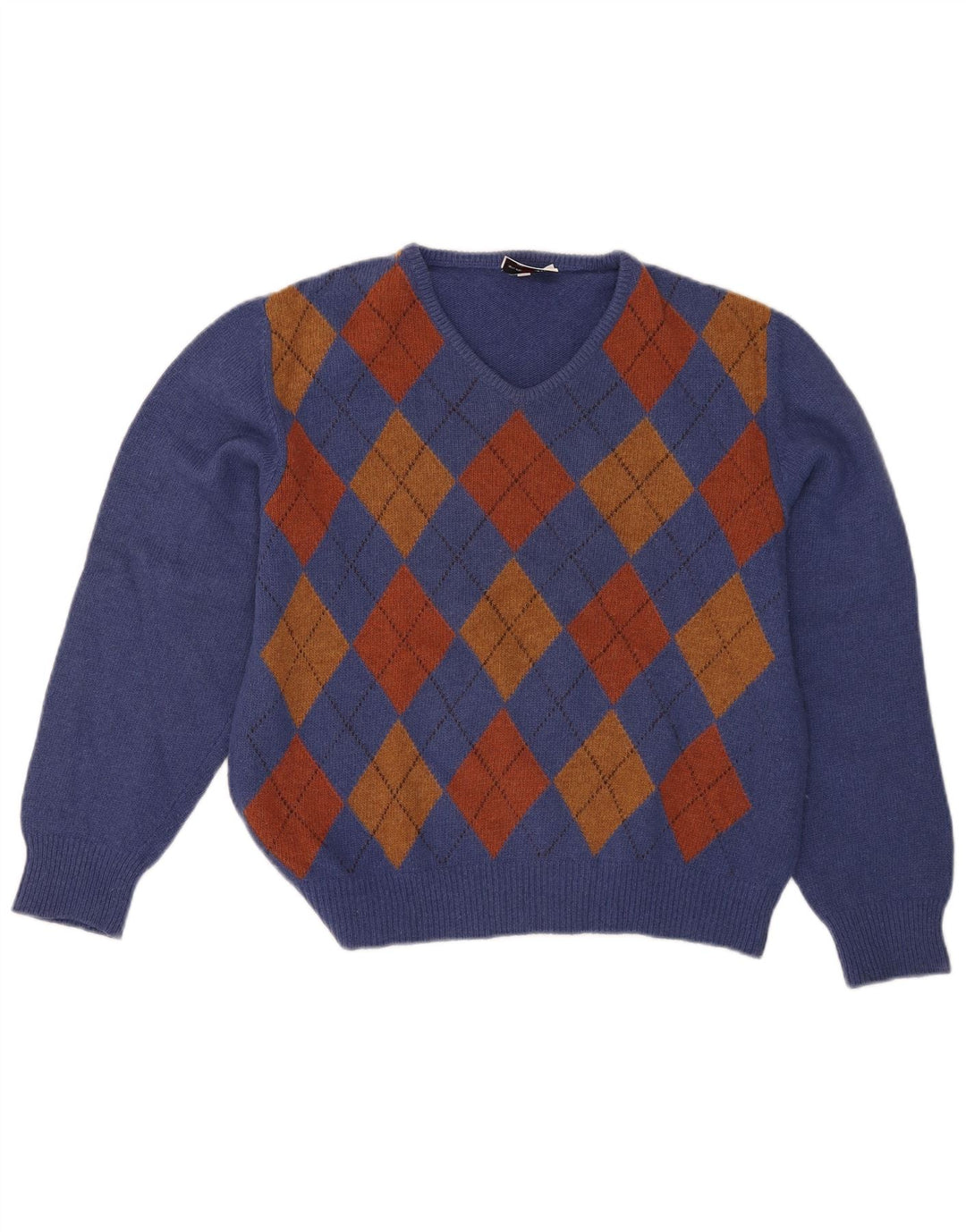 Mazzonetto Dame V-hals sweater UK 12 Medium Blue Argyle/Diamond