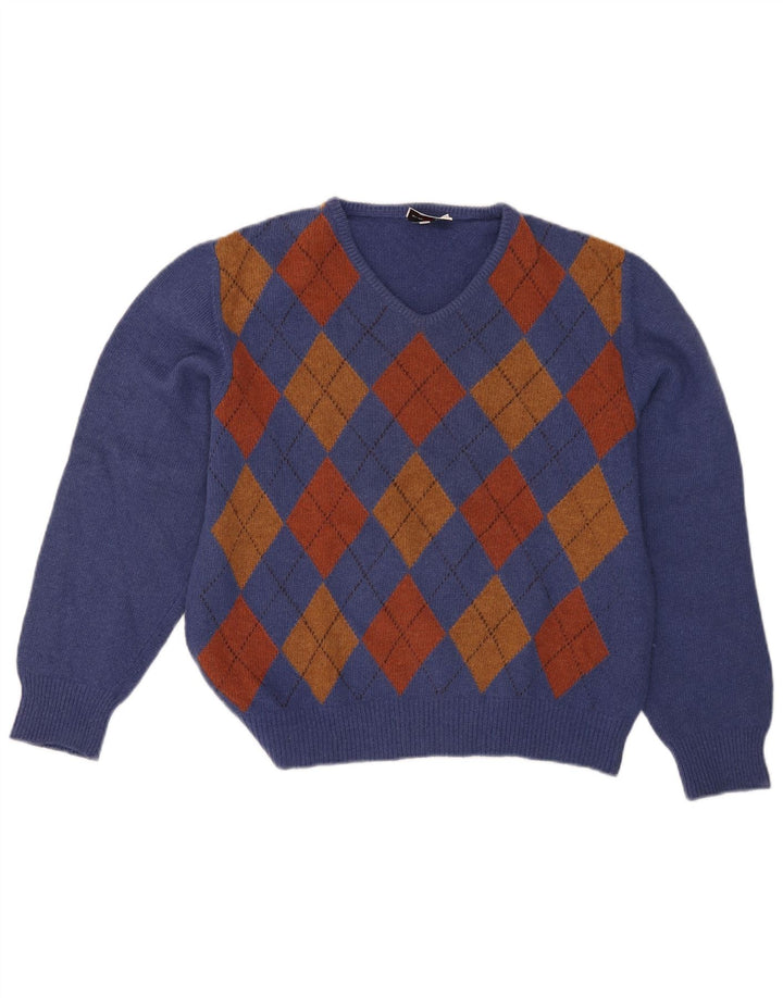 Mazzonetto Dame V-hals sweater UK 12 Medium Blue Argyle/Diamond