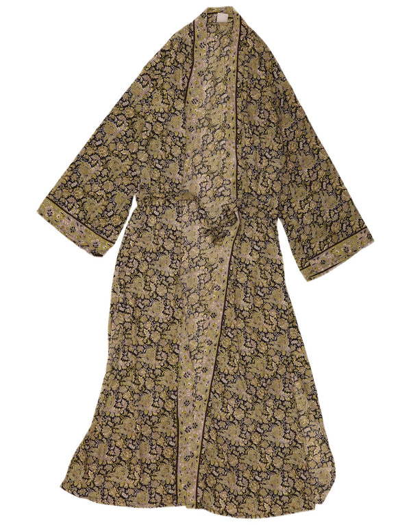Vintage Dame Maxi Robe Kjole UK 14 Stor Khaki Paisley Polyester