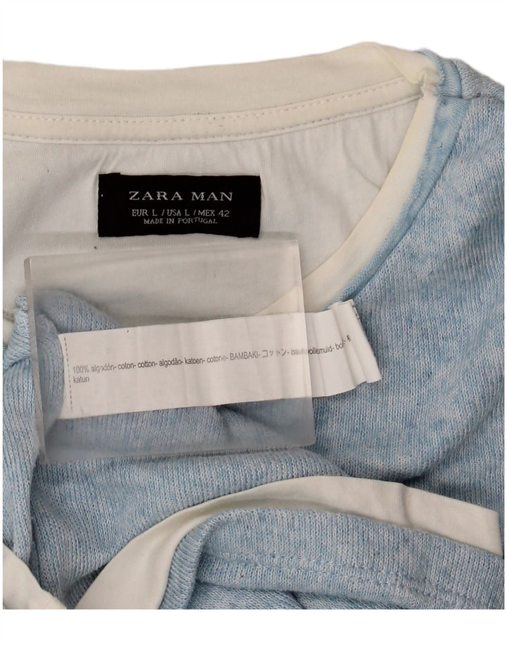 Zara Herre T-Shirt Top Stor Blå Bomuld