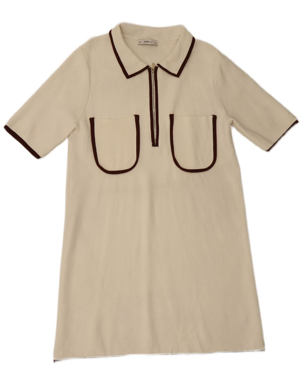 Zara Dame Polo Dress UK 14 Large Off White Viscose