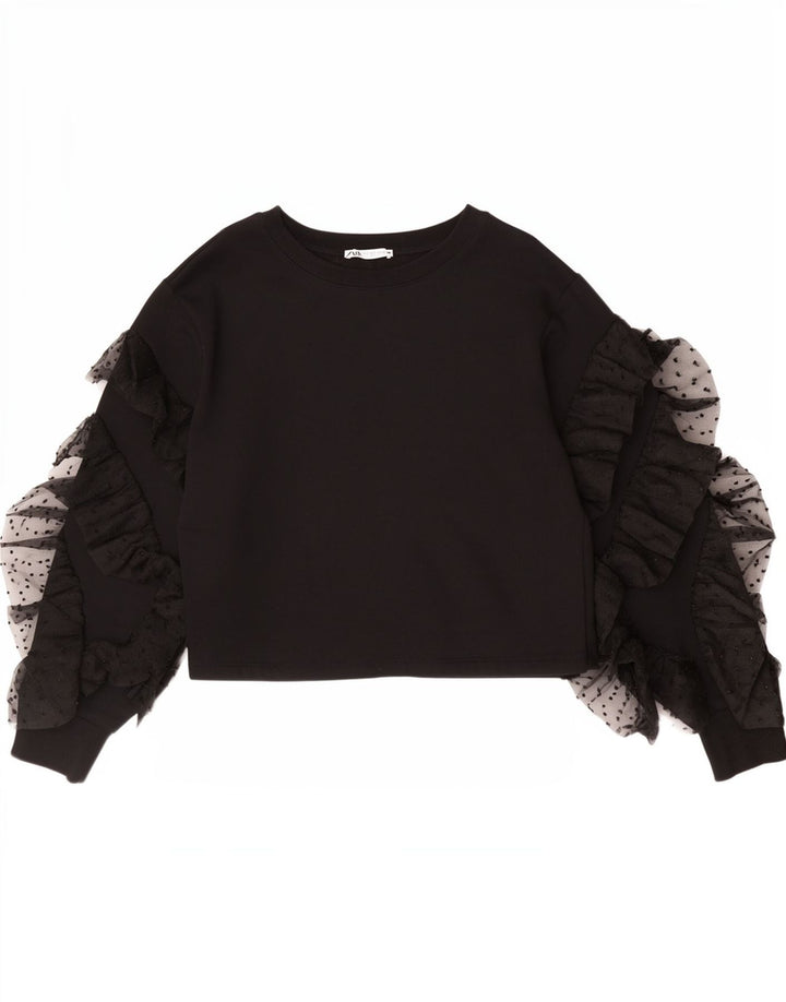 Zara Womens Crop Top Langærmet UK 10 Small Black Bomuld