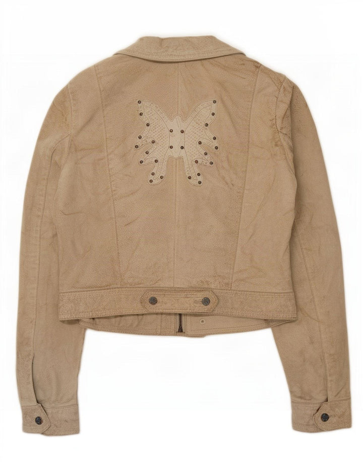 J.J.Scott Dame Crop Graphic Ruskind Biker Jacket IT 44 Medium Grey Læder