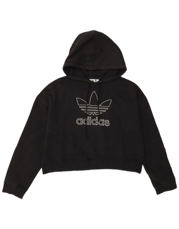Adidas Womens Crop Graphic Hoodie Jumper UK 12 Medium Black Bomuld