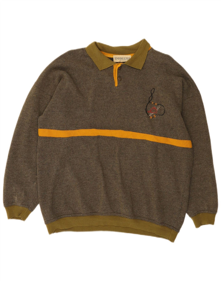 Vintage herre polo hals sweater stor kaki stribet uld