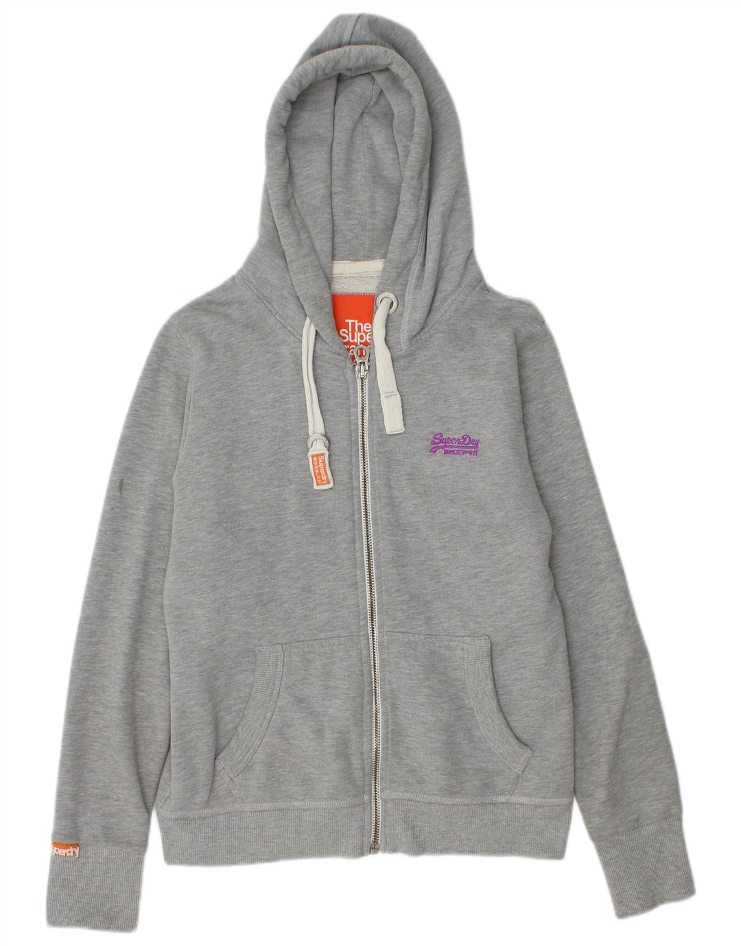 SUPERDRY hættetrøje til kvinder med lynlås UK 14 Stor grå flækket bomuld