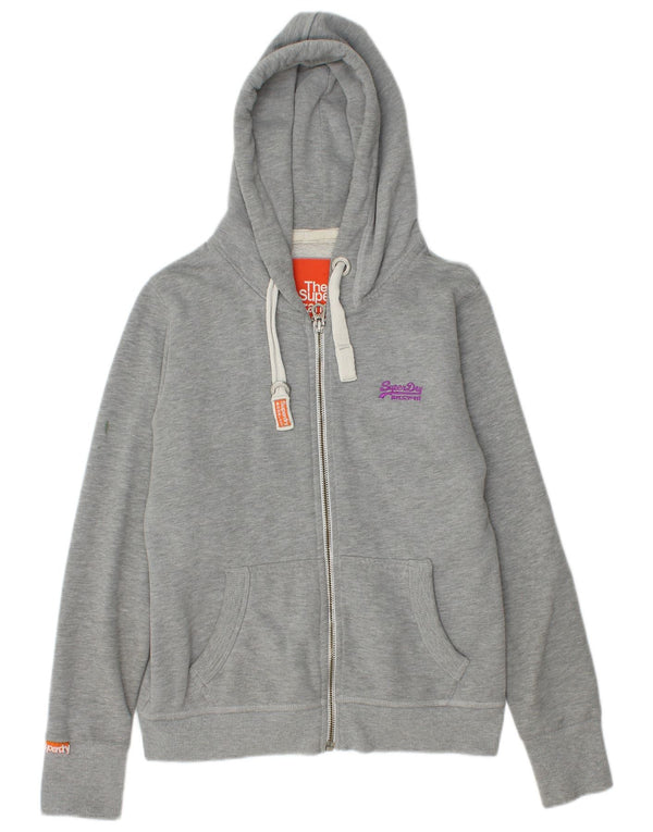 SUPERDRY hættetrøje til kvinder med lynlås UK 14 Stor grå flækket bomuld