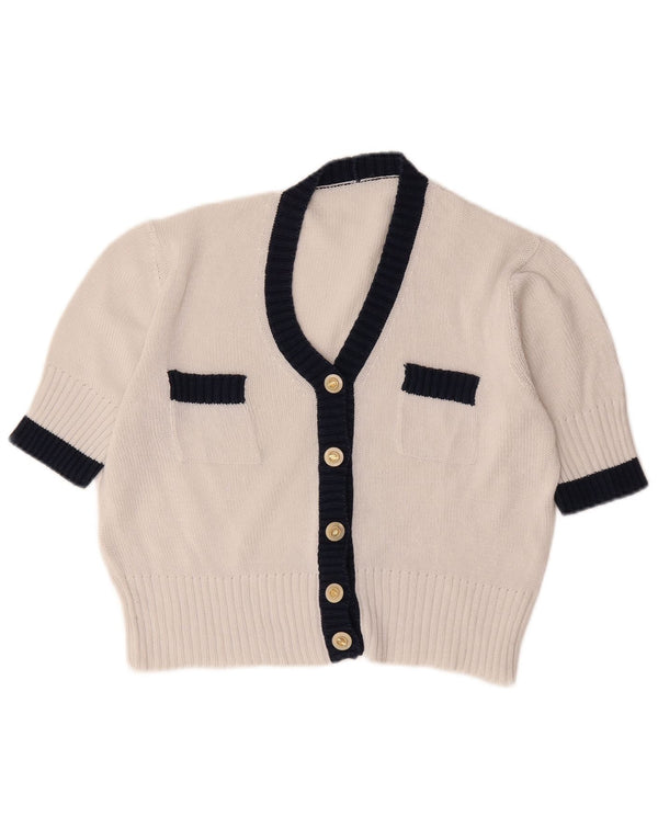 Vintage kortærmet cardigan sweater til kvinder UK 12 Medium White Colourblock