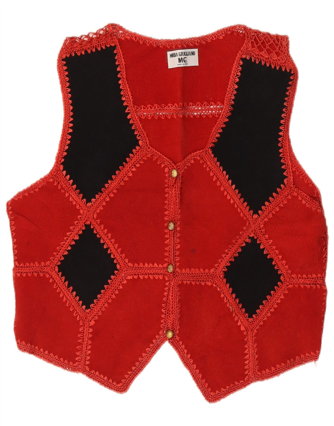 Vintage Dame Crop Ruskind vest UK 14 Medium Rød Geometrisk