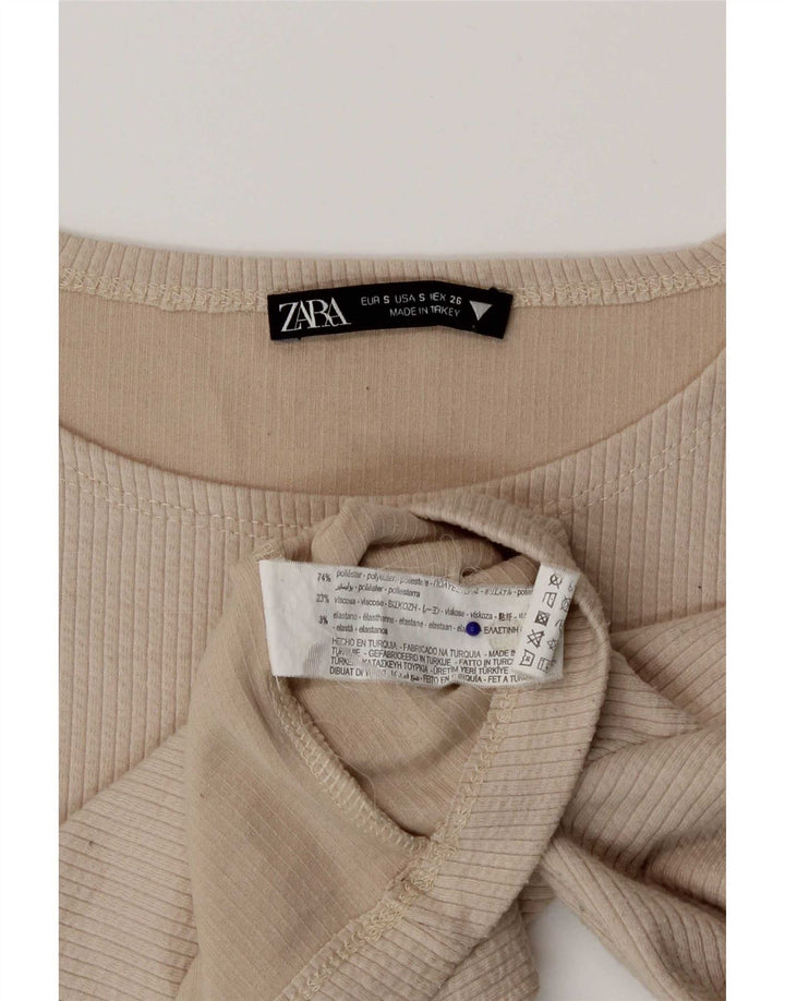 Zara Womens Crop Top Langærmet UK 8 Small Beige Polyester