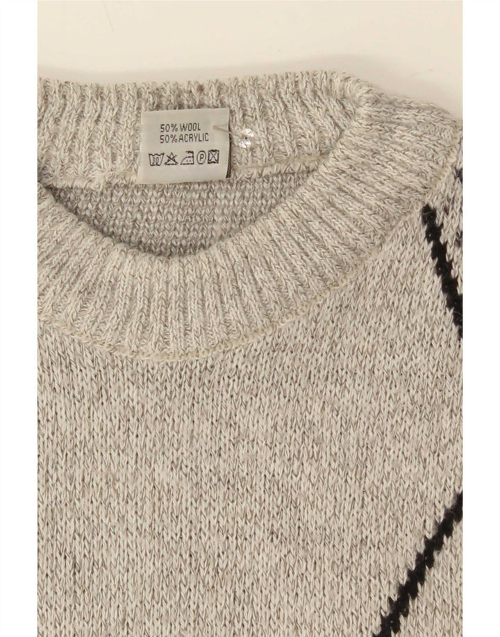 Vintage herre sweater med rund hals, stor grå geometrisk uld