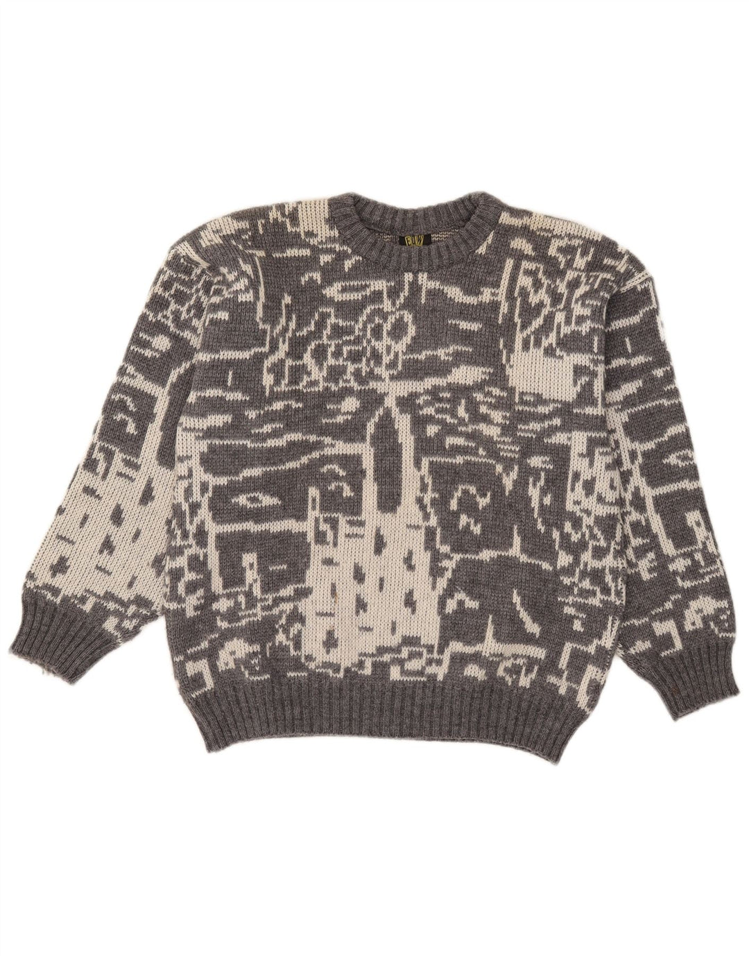 Vintage herre abstrakt mønster rund hals sweater lille grå