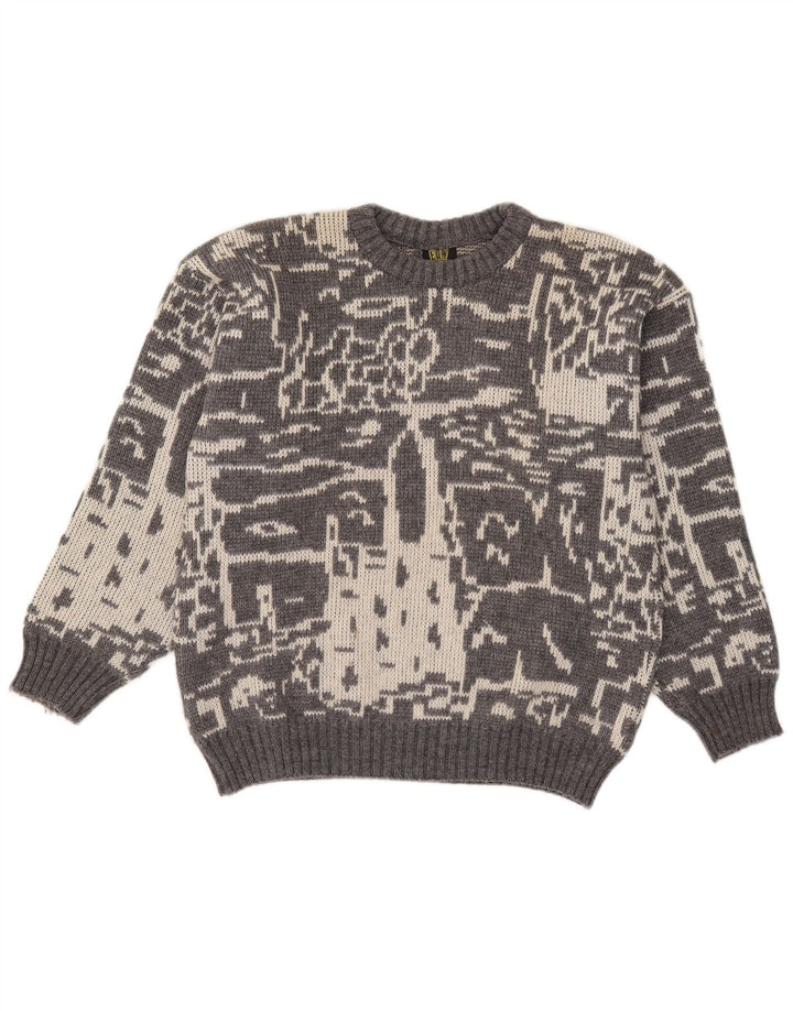 Vintage herre abstrakt mønster rund hals sweater lille grå