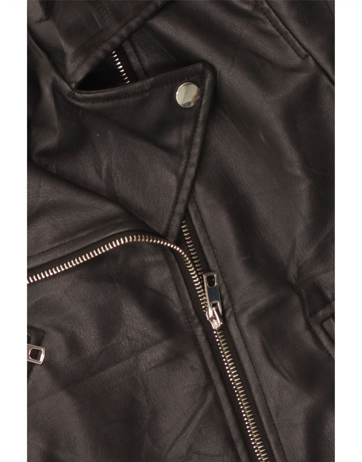 Zara Womens Crop Biker-jakke i imiteret læder UK 18 XL Sort Polyester