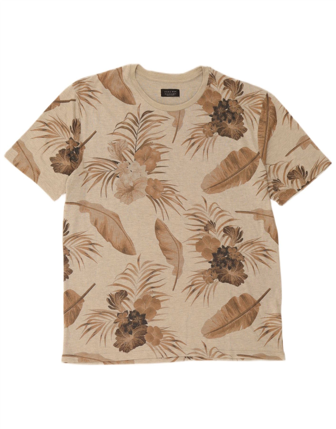 Zara Herre Grafisk T-Shirt Top XL Beige Floral Polyester