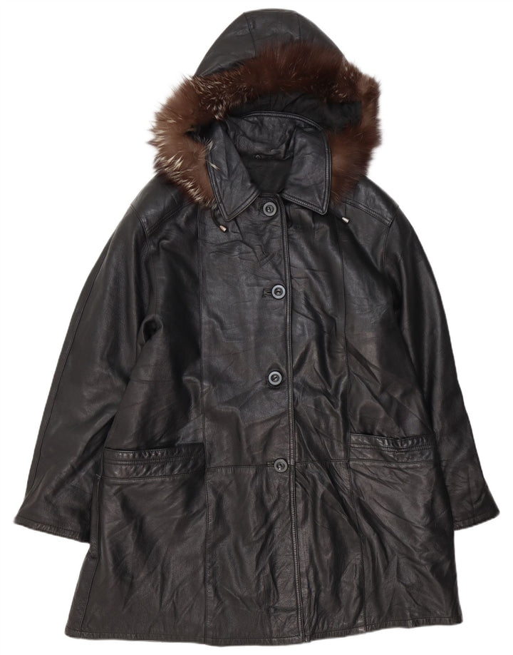 VINTAGE Dame Oversized Hooded Læderfrakke IT 48 XL Sort Læder