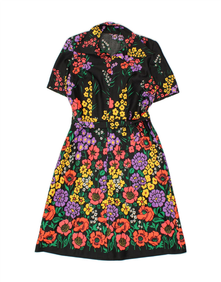 VINTAGE Dame A-Line Kjole UK 14 Medium Black Floral