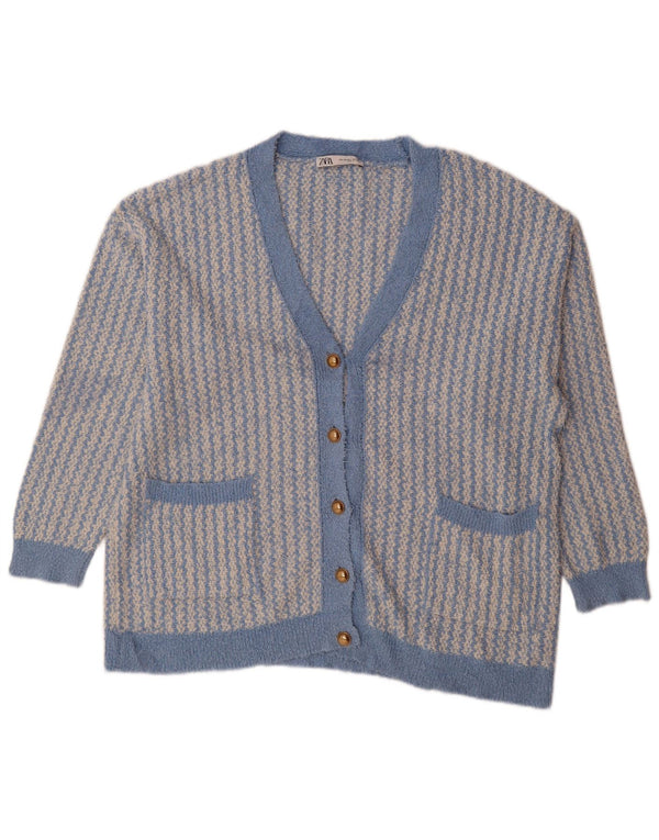 Zara Dame oversized cardigan sweater UK 14 Medium Blue Geometrisk Bomuld
