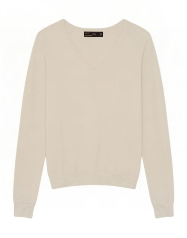 Zara Dame V-hals sweater UK 12 Medium Hvid Bomuld