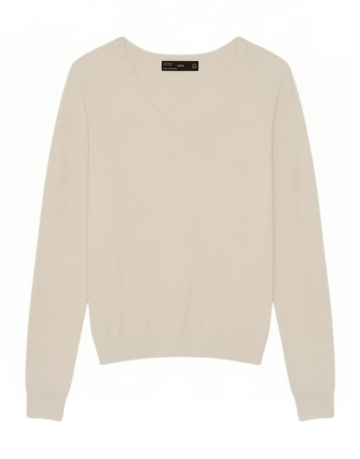 Zara Dame V-hals sweater UK 12 Medium Hvid Bomuld