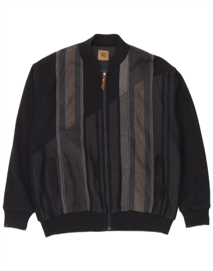 Vintage Herre Strik Bomber Jacket IT 56 2XL Sort Colourblock Uld