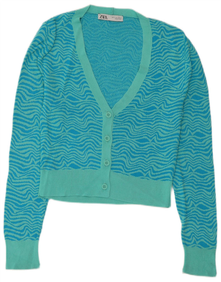 Zara Dame Cardigan Sweater UK 10 Small Blue Geometric Viscose
