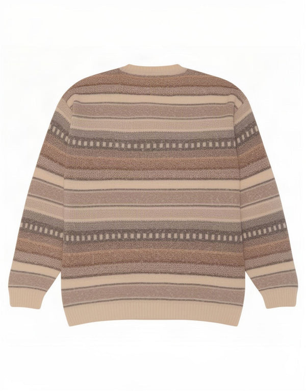 Vintage Mens V-Neck Jumper Sweater XL Beige Striped Cotton