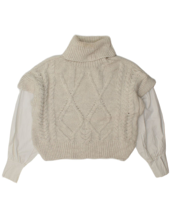 Topshop Dame Crop Roll Neck Jumper Sweater UK 14 Medium Beige Colourblock