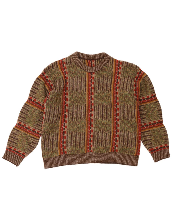 Vintage Dame Crew Neck Jumper Sweater UK 16 Stor Khaki stribet