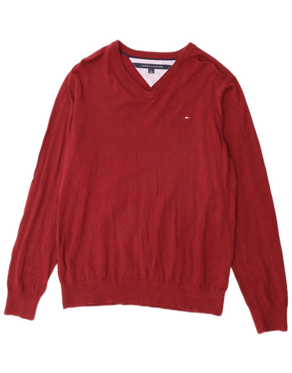 Tommy Hilfiger Mens V-Neck Jumper Sweater Large Burgundy Cotton