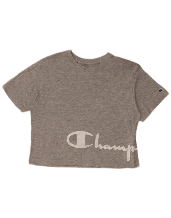 CHAMPION Dame Crop Grafisk T-Shirt Top UK 10 Lille Grå Bomuld