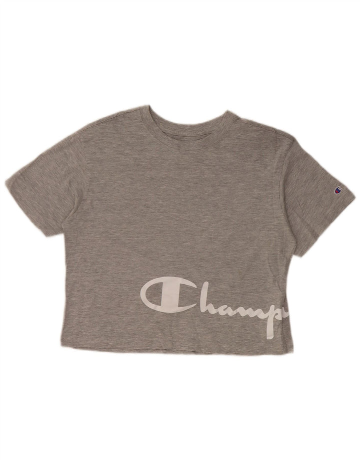 CHAMPION Dame Crop Grafisk T-Shirt Top UK 10 Lille Grå Bomuld