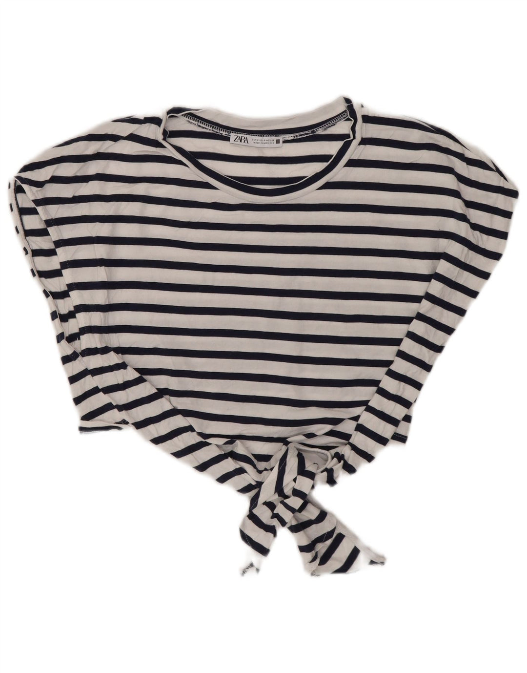 Zara Womens Crop Front Tie Bluse Top UK 10 Small Navy Blue Striped