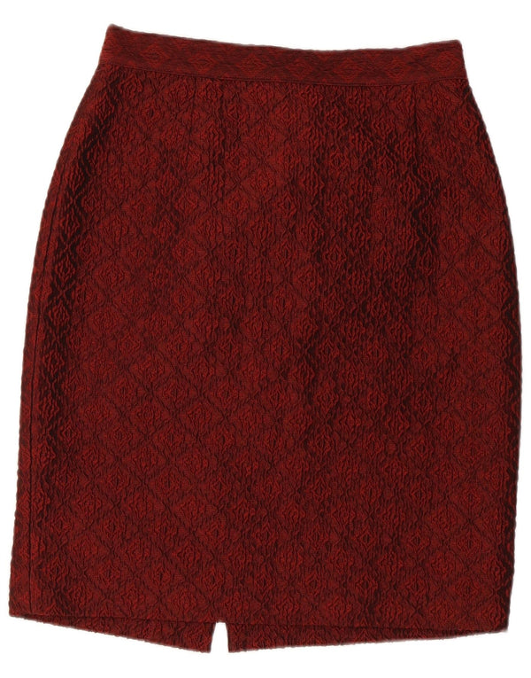 Vintage Womens Pencil Skirt UK 10 Small W28 Burgundy Ikat Polyester
