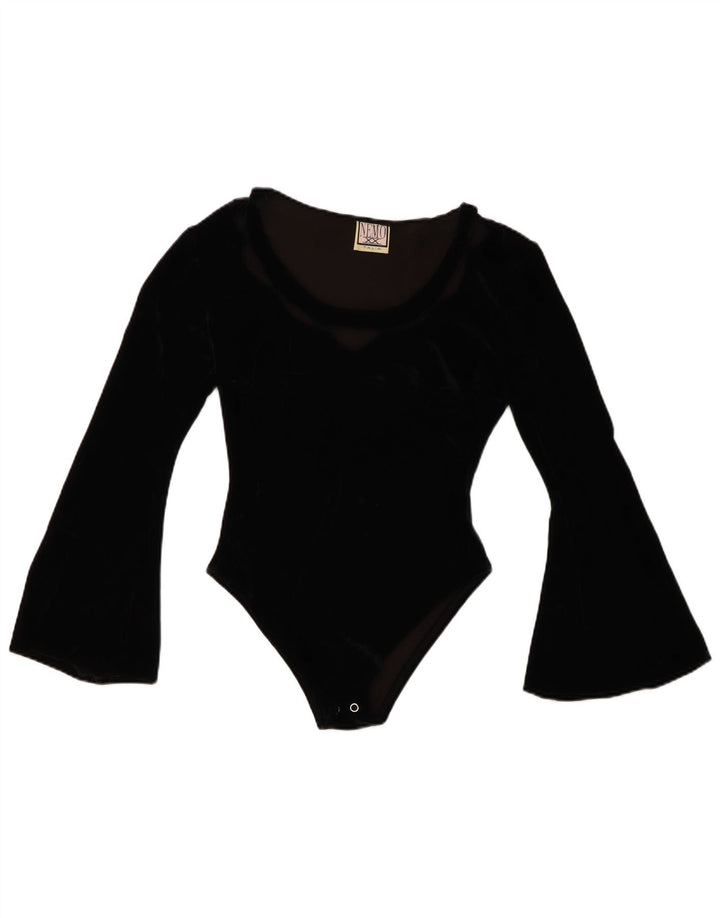 VINTAGE Womens Velvet Bodysuit UK 8 Small Black Acryl