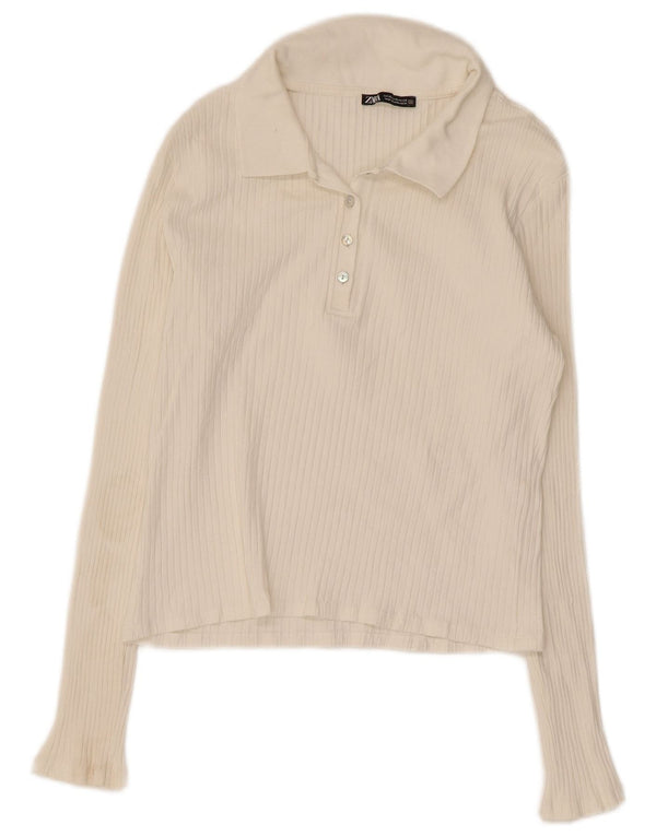 Zara Dame Crop Langærmet Polo Shirt UK 18 XL Hvid Bomuld