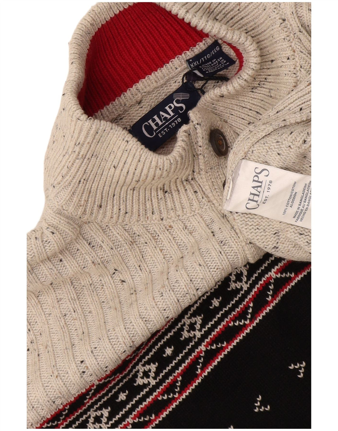 Chaps Herre Button Neck Jumper Sweater 2XL Grå Fair Isle Bomuld